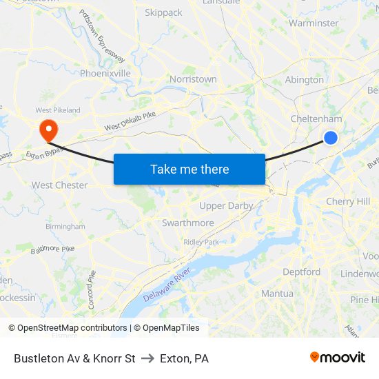 Bustleton Av & Knorr St to Exton, PA map