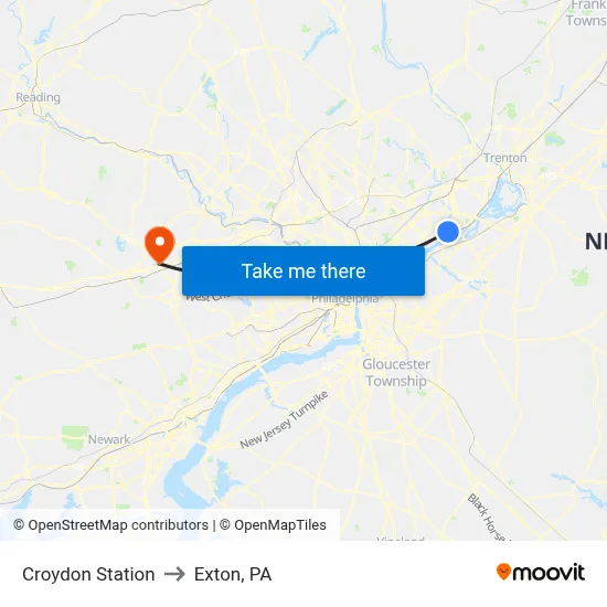 Croydon Station to Exton, PA map