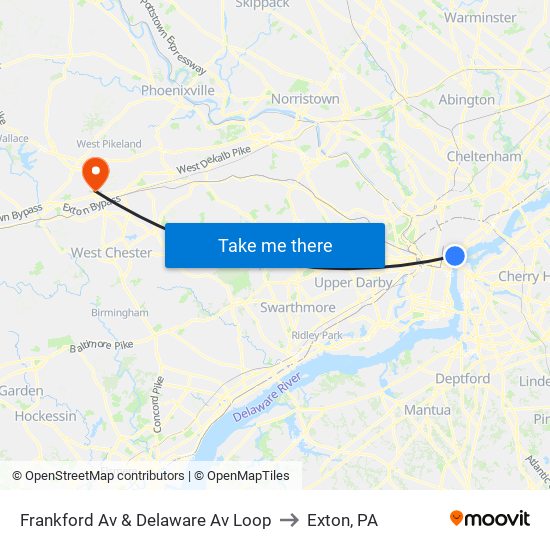 Frankford Av & Delaware Av Loop to Exton, PA map