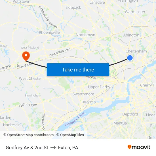 Godfrey Av & 2nd St to Exton, PA map