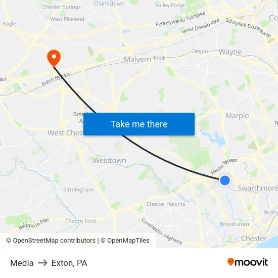 Media to Exton, PA map