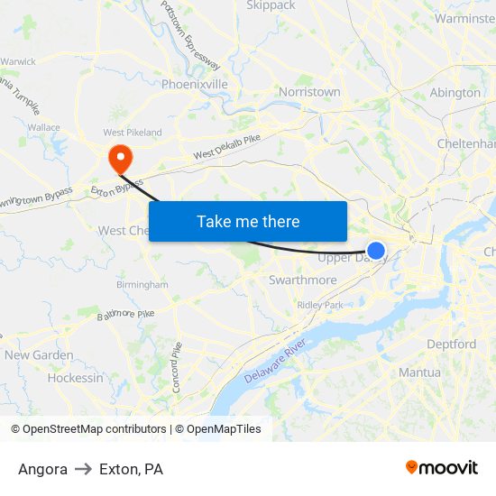 Angora to Exton, PA map