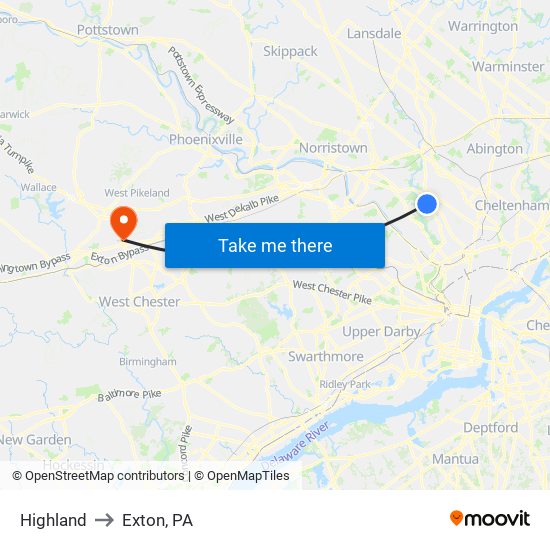 Highland to Exton, PA map