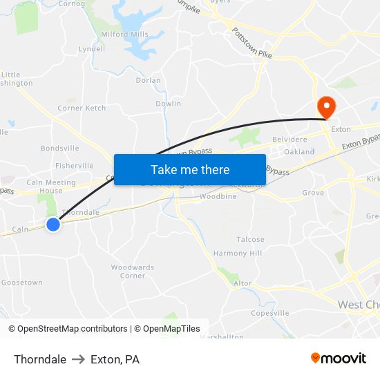 Thorndale to Exton, PA map