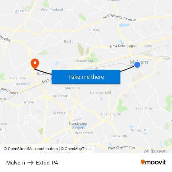 Malvern to Exton, PA map