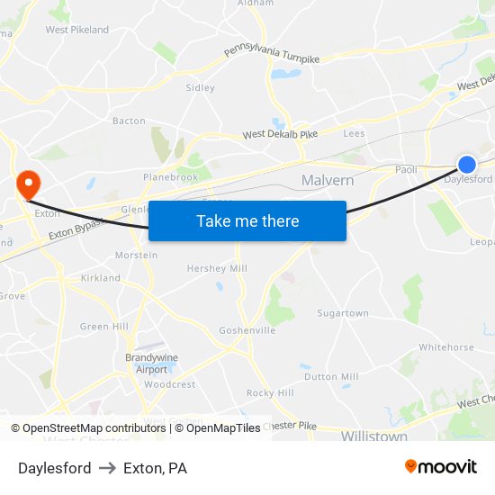 Daylesford to Exton, PA map