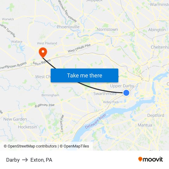 Darby to Exton, PA map