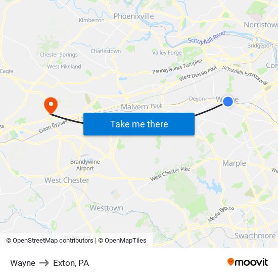 Wayne to Exton, PA map