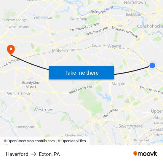 Haverford to Exton, PA map
