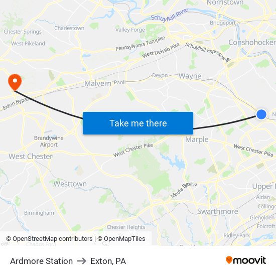 Ardmore Station to Exton, PA map