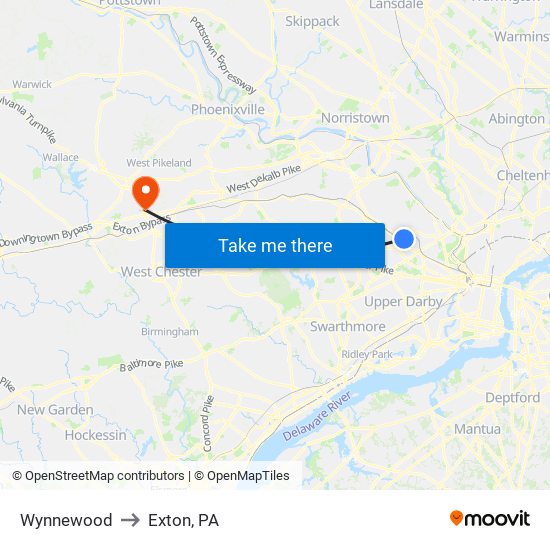 Wynnewood to Exton, PA map