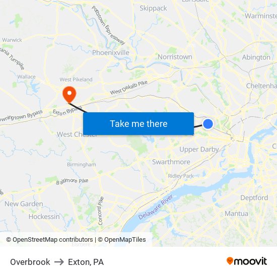 Overbrook to Exton, PA map