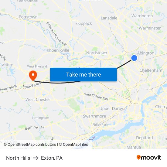North Hills to Exton, PA map