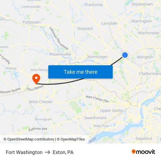 Fort Washington to Exton, PA map