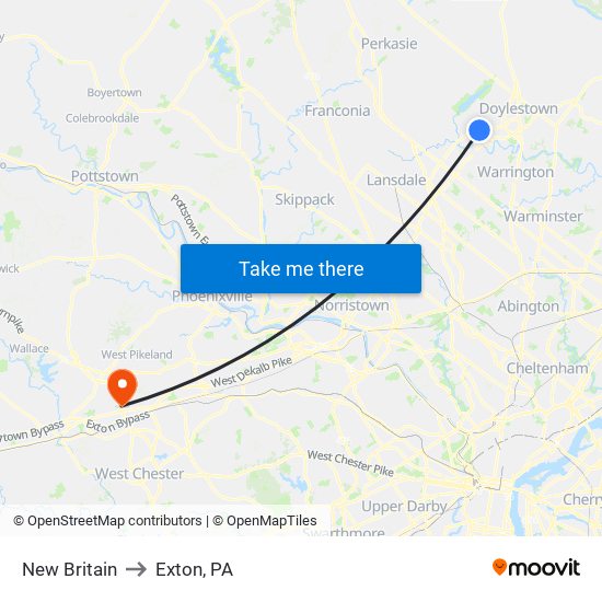 New Britain to Exton, PA map