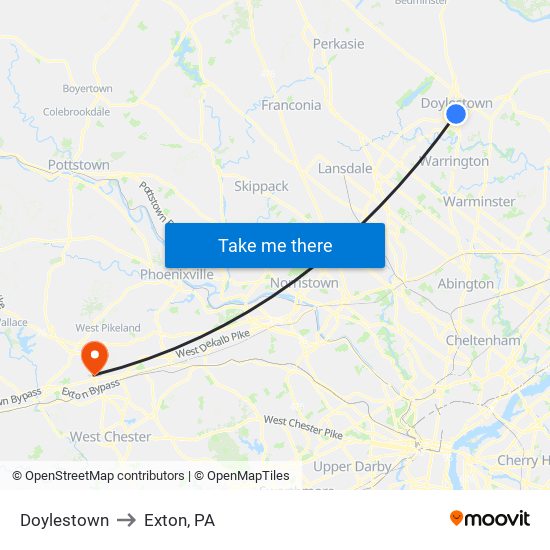 Doylestown to Exton, PA map