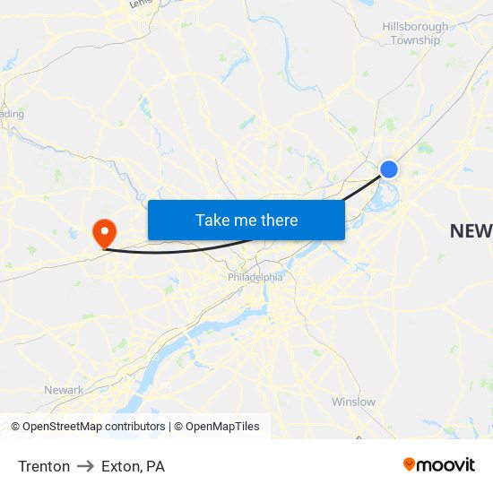 Trenton to Exton, PA map