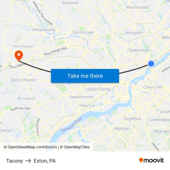Tacony to Exton, PA map