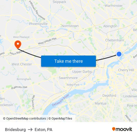 Bridesburg to Exton, PA map