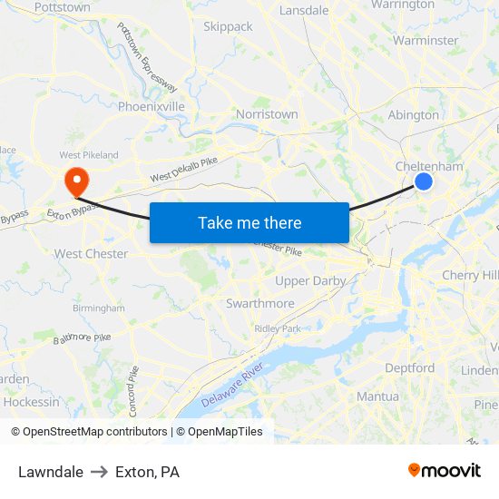 Lawndale to Exton, PA map