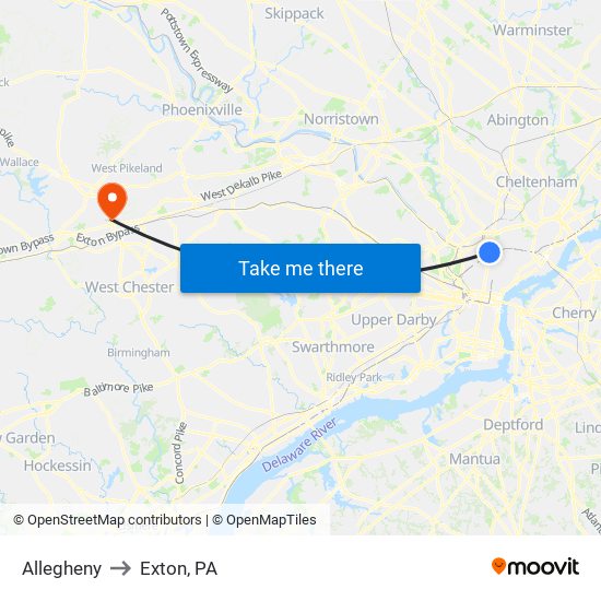 Allegheny to Exton, PA map