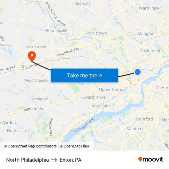North Philadelphia to Exton, PA map