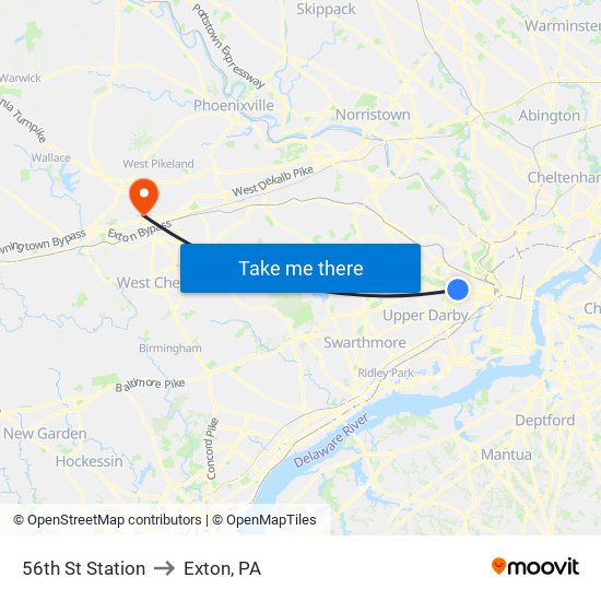 56th St Station to Exton, PA map