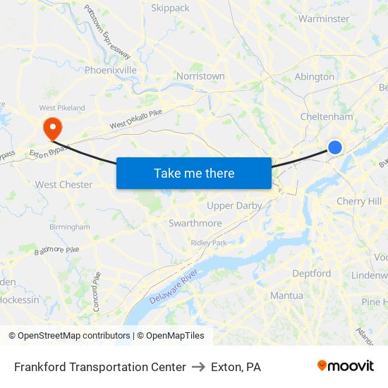 Frankford Transportation Center to Exton, PA map