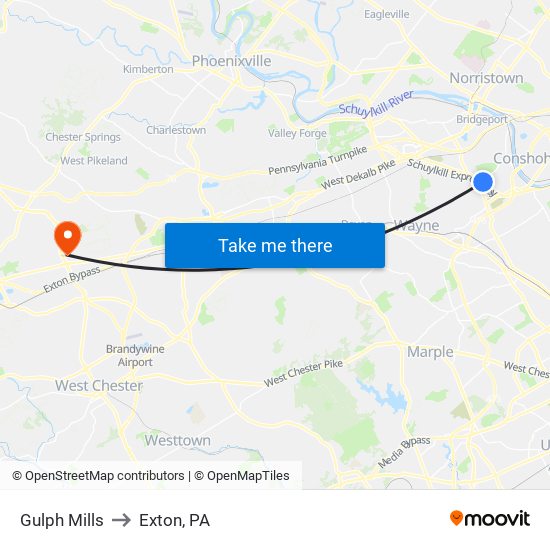 Gulph Mills to Exton, PA map