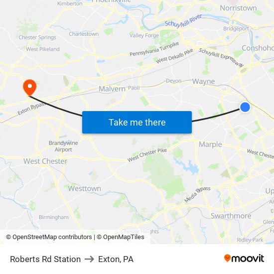 Roberts Rd Station to Exton, PA map