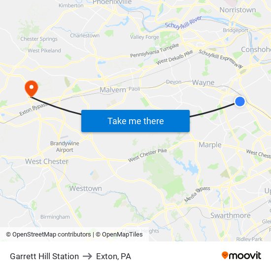 Garrett Hill Station to Exton, PA map