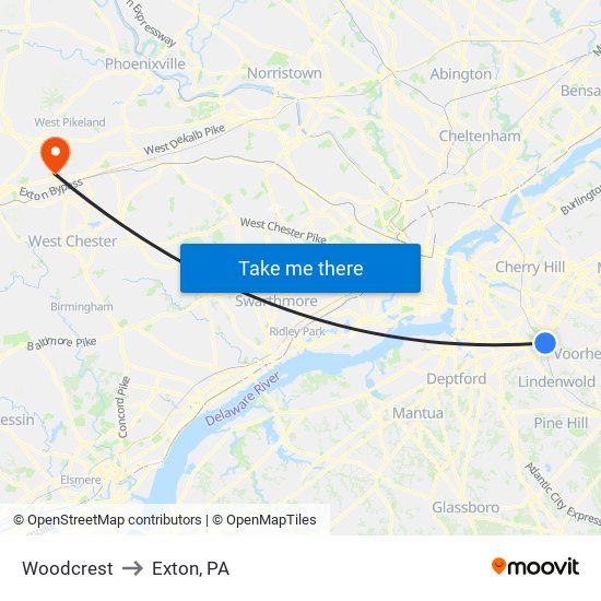 Woodcrest to Exton, PA map