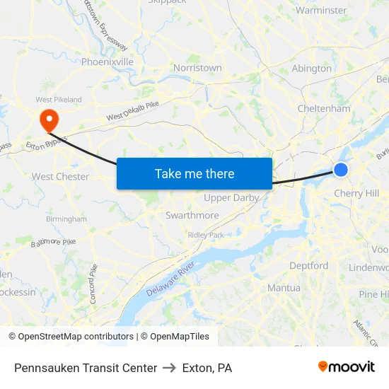 Pennsauken Transit Center to Exton, PA map