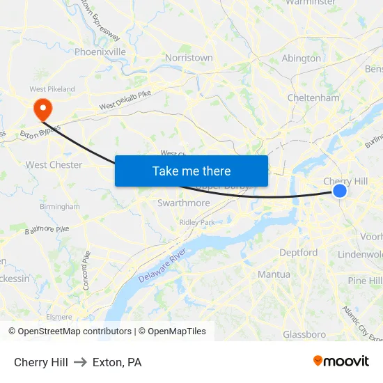 Cherry Hill to Exton, PA map