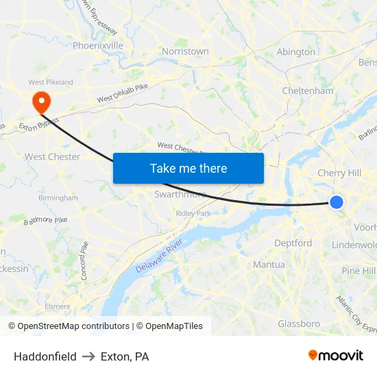 Haddonfield to Exton, PA map