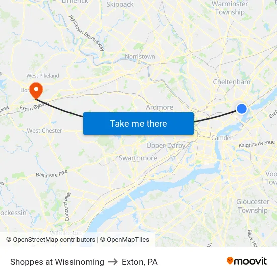 Shoppes at Wissinoming to Exton, PA map