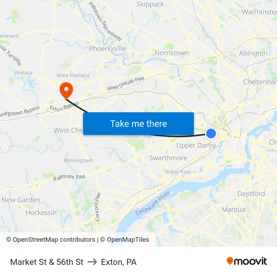 Market St & 56th St to Exton, PA map
