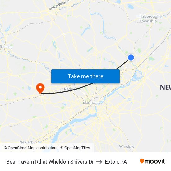 Bear Tavern Rd at Wheldon Shivers Dr to Exton, PA map