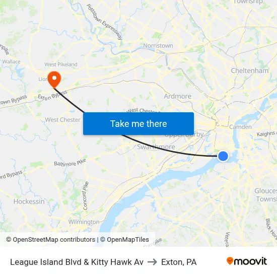 League Island Blvd & Kitty Hawk Av to Exton, PA map