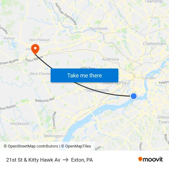 21st St & Kitty Hawk Av to Exton, PA map