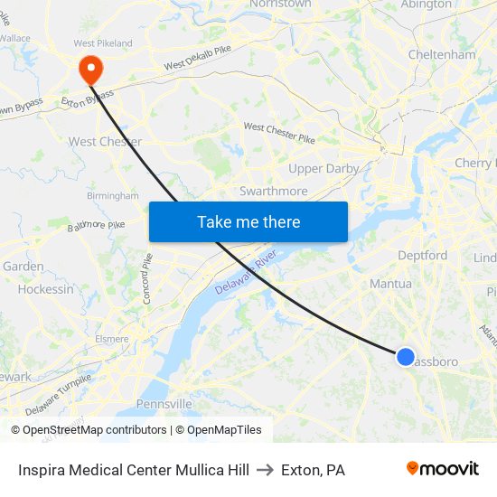 Inspira Medical Center Mullica Hill to Exton, PA map