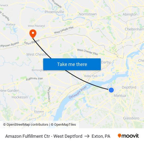 Amazon Fulfillment Ctr - West Deptford to Exton, PA map