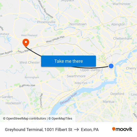 Greyhound Terminal, 1001 Filbert St to Exton, PA map