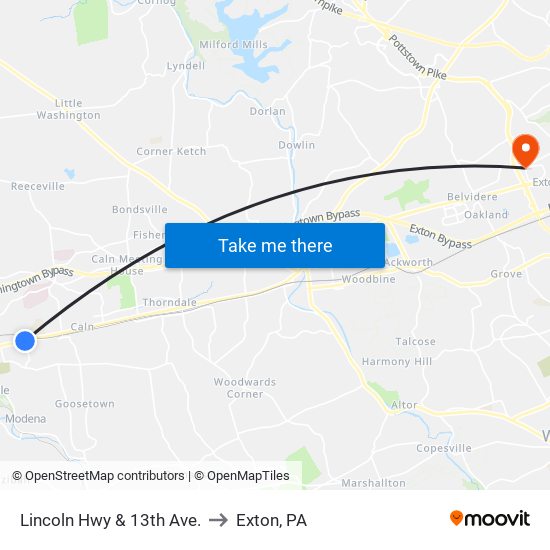 Lincoln Hwy & 13th Ave. to Exton, PA map