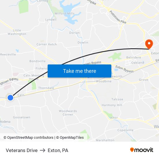 Veterans Drive to Exton, PA map