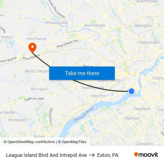 League Island Blvd And Intrepid Ave to Exton, PA map