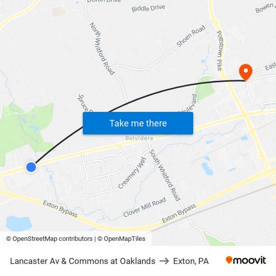 Lancaster Av & Commons at Oaklands to Exton, PA map