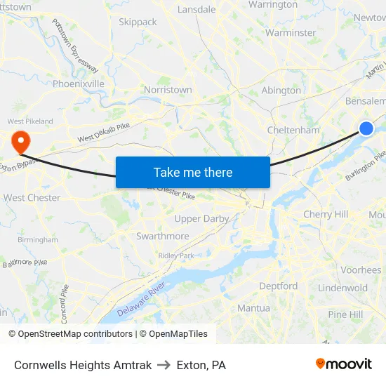 Cornwells Heights Amtrak to Exton, PA map
