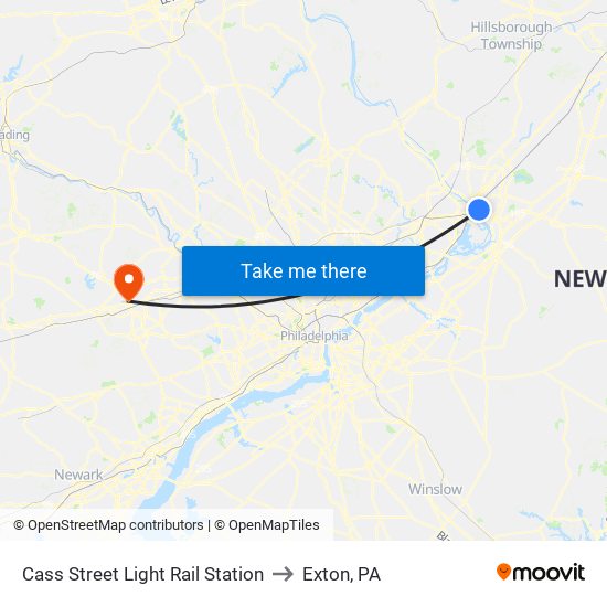 Cass Street Light Rail Station to Exton, PA map