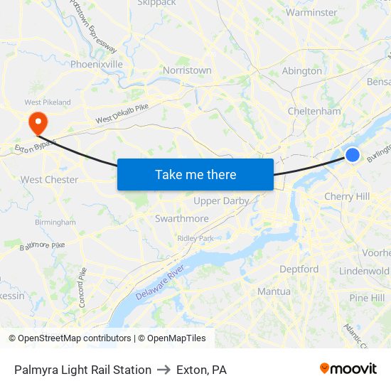Palmyra Light Rail Station to Exton, PA map